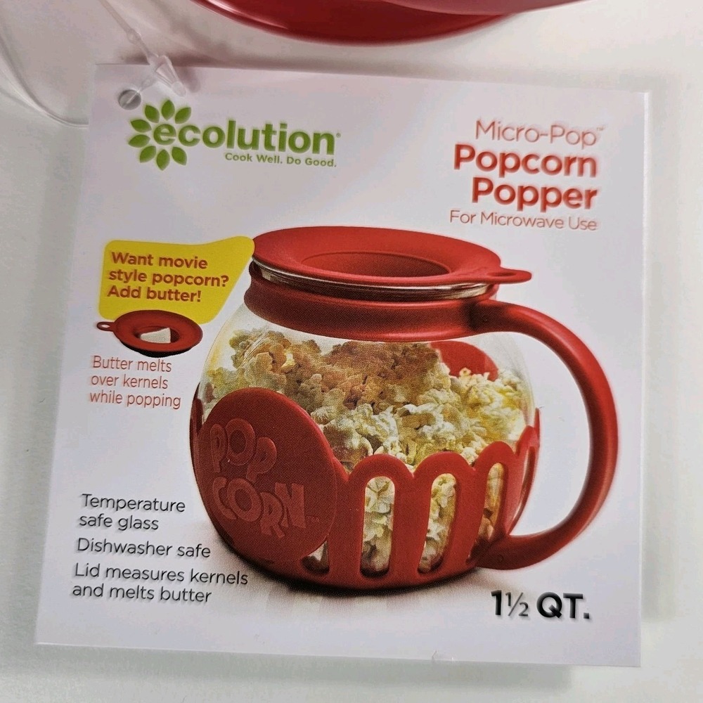 NWT Ecolution Micro-Pop Popcorn Popper 1.5 Qt Glass Dishwasher-Safe Red Microwav - Picture 5 of 8